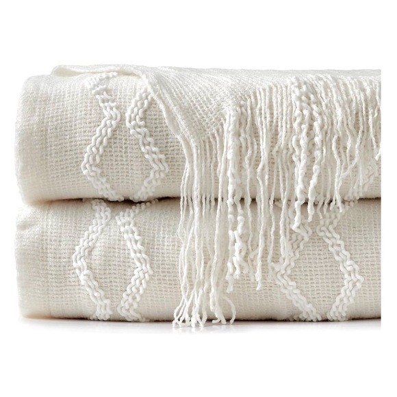 BOURINA Fluffy Chenille Knitted Fringe Throw Blanket, Off White 50" x 60" - Picture 4 of 7